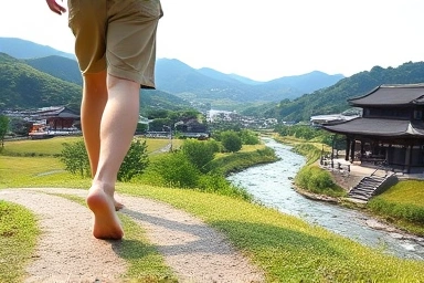문경새재의 숲과 계곡을 배경으로 맨발 걷기