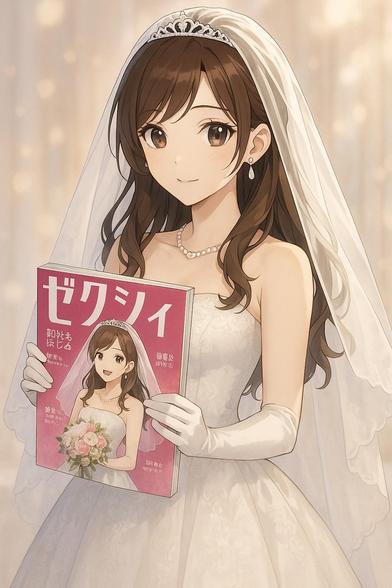 a beautiful girl holding a wedding magazine like Zexy, wearing a white wedding dress, elegant and dreamy atmosphere, anime style
