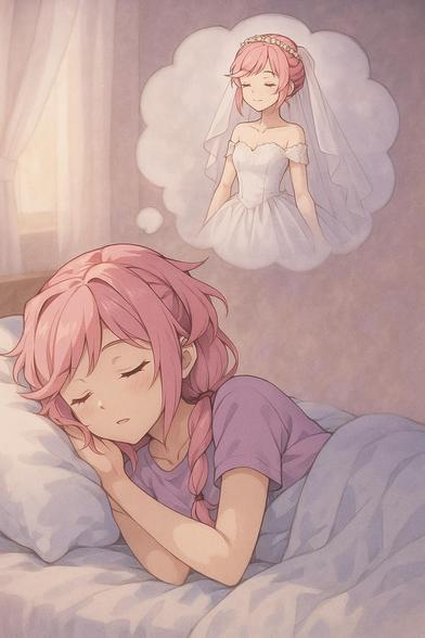 a beautiful anime girl named Natsuki sleeping peacefully, dreaming of herself in a gorgeous white wedding dress, dreamy and soft atmosphere