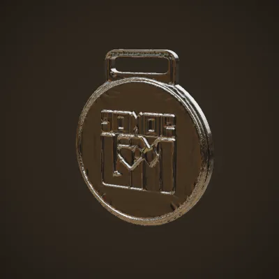 Red circular badge with text 'SOMOS UYM'. smooth edges, simple geometry, game-ready, symmetric geometry.