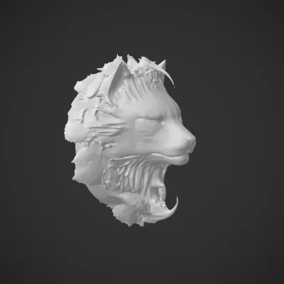 Wolf head with autumn leaves and branches. complex geometry, sharp edges.