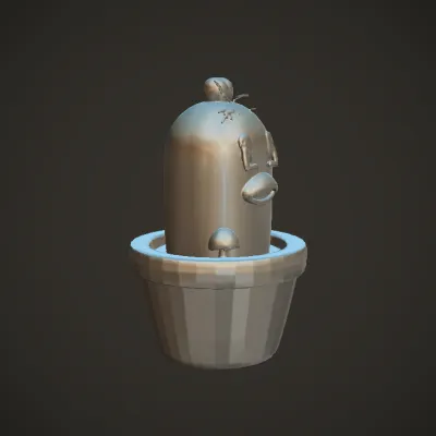 Cartoon cactus character in fantasy landscape. smooth edges, simple geometry, game-ready, character, symmetric geometry.