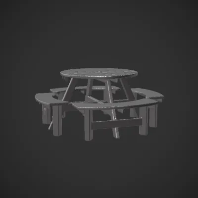 round wooden picnic table with benches. smooth edges, simple geometry, symmetric geometry.