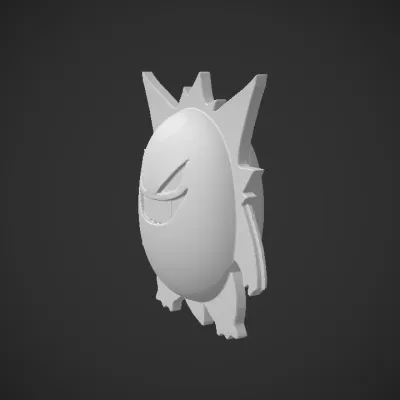 Purple ghost-like cartoon monster with sharp grin. sharp edges, smooth edges, simple geometry, game-ready, character, symmetric geometry.