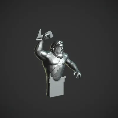 Muscular man holding a lightning bolt. complex geometry, smooth edges, character.