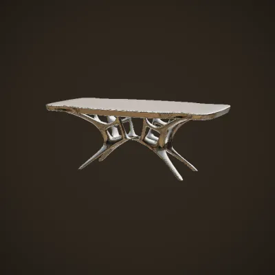 Artistic rectangular dining table with organic legs. sharp edges, complex geometry.