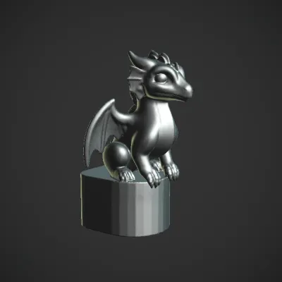 Cute baby dragon figurine on pedestal. smooth edges, simple geometry, game-ready, character, symmetric geometry.