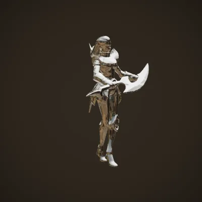 female warrior in futuristic armor with swords. sharp edges, complex geometry, game-ready, character.