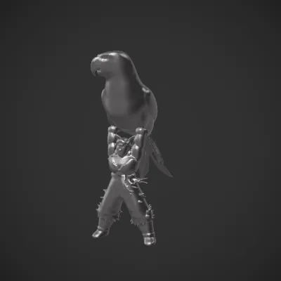 Modelo 3D estilizado: guerreiro anime musculoso (pose heróica, braços erguidos) segurando pássaro grande (ring neck azul acinzentado). Malha detalhada, base rochosa, efeitos de energia.