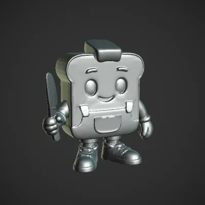 cartoon bread slice character holding knife. smooth edges, simple geometry, character.