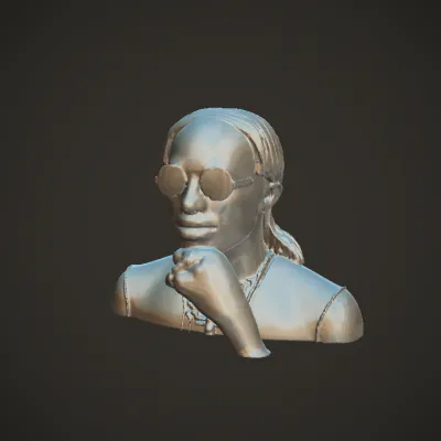 Person in jewelry and marble-patterned shirt. complex geometry, smooth edges, character.