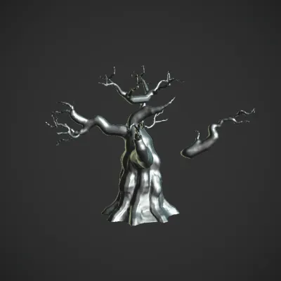 Gnarled, leafless tree with twisted branches. sharp edges, complex geometry.