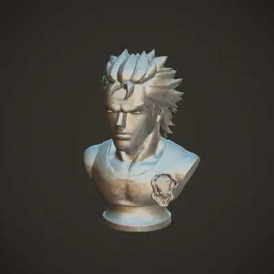 Anime bust with spiky hair and emblem. sharp edges, complex geometry, character, symmetric geometry.