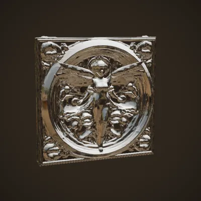 ornate angel relief sculpture. complex geometry, sharp edges, character, symmetric geometry.