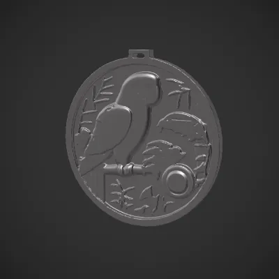 A metal medallion with parrot engraving. sharp edges, complex geometry.