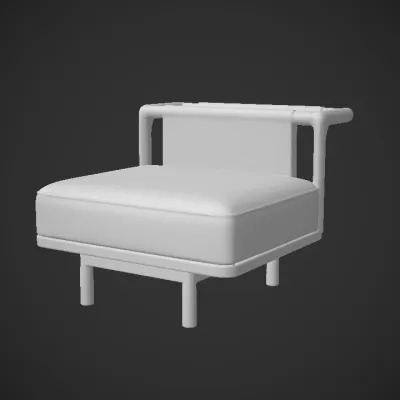 Modern upholstered armchair with wood base. smooth edges, simple geometry, symmetric geometry.