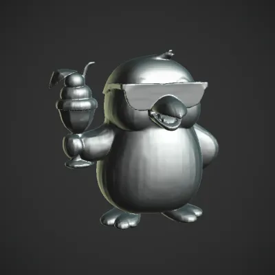 Cartoon penguin holding ice cream sundae. smooth edges, simple geometry, game-ready, character.