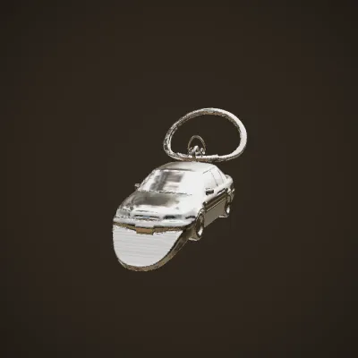 Keychain with car model and text. smooth edges, complex geometry.