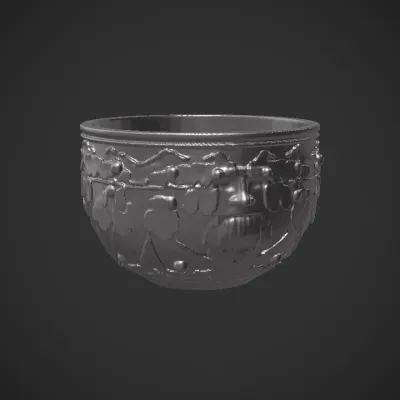 Ornate green bowl with leaf and acorn patterns. complex geometry, smooth edges, symmetric geometry.