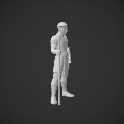 warrior in ornate armor holding a staff. complex geometry, sharp edges, character.