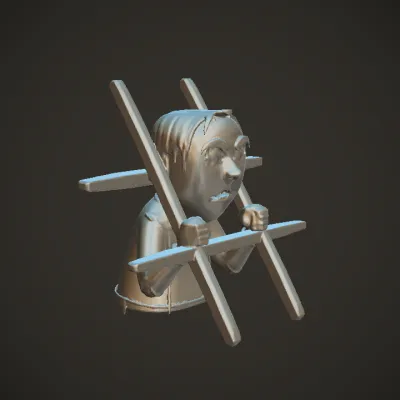 Angry cartoon prisoner behind bars. sharp edges, complex geometry, character.