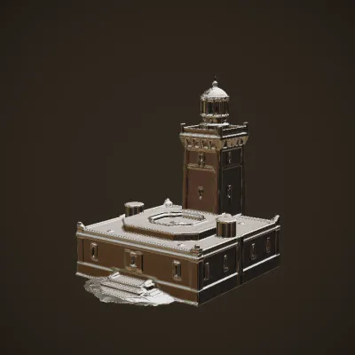 white lighthouse with attached building. sharp edges, complex geometry, symmetric geometry.