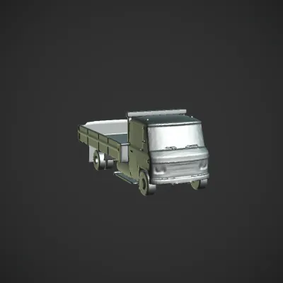 Blue flatbed truck parked outdoors. sharp edges, complex geometry, game-ready.
