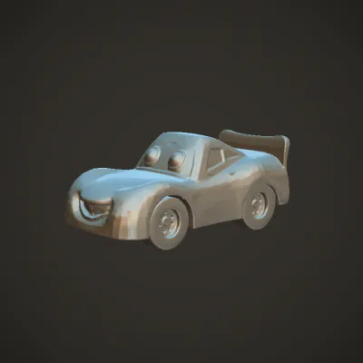 Red cartoon race car with eyes and mouth. smooth edges, simple geometry, game-ready, character, symmetric geometry.
