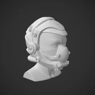 futuristic astronaut helmet on mannequin head. complex geometry, sharp edges, game-ready.