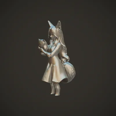 female fox-human hybrid holding a small animal. smooth edges, complex geometry, character.