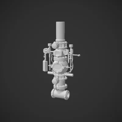Industrial valve assembly with multiple red components. complex geometry, sharp edges, symmetric geometry.