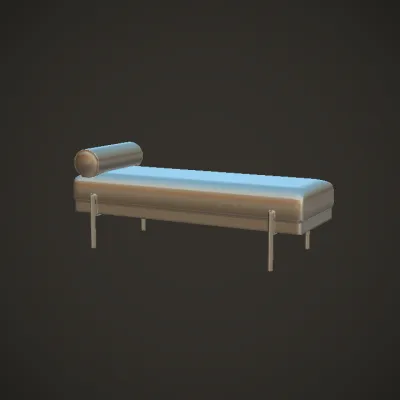Modern upholstered bench with cylindrical pillow. smooth edges, simple geometry.