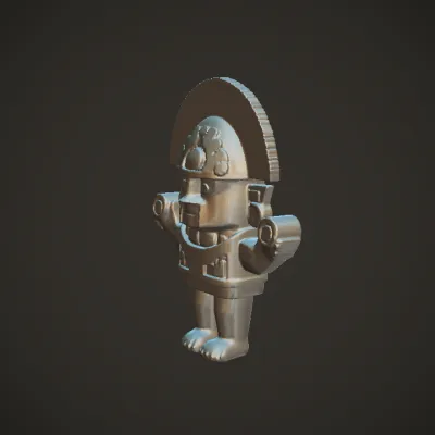 Ancient gold figure with elaborate headdress. sharp edges, complex geometry, character, symmetric geometry.