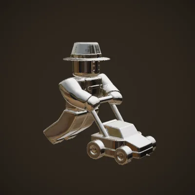 Roblox-style farmer mowing lawn. simple geometry, smooth edges, game-ready, character, symmetric geometry.