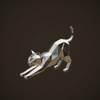 Low-poly stretching cat sculpture. sharp edges, simple geometry, game-ready, character.