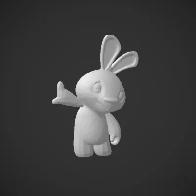 Pink cartoon bunny waving. smooth edges, simple geometry, character.