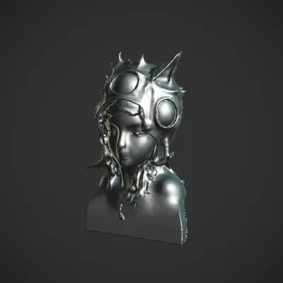 Creature with multiple blue eyes and spiked helm. complex geometry, sharp edges, character.