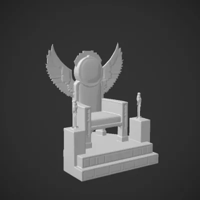 Ornate golden throne with winged backrest. sharp edges, complex geometry, symmetric geometry.