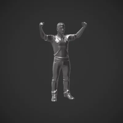man celebrating with arms raised. complex geometry, smooth edges, character.