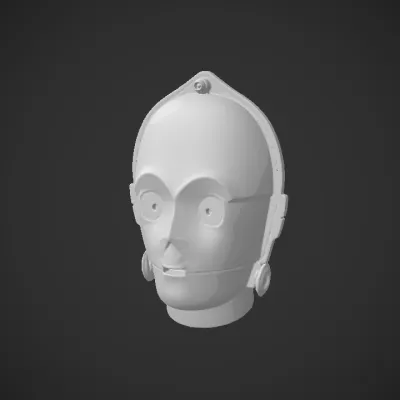 Golden robot helmet with detailed features. sharp edges, complex geometry, game-ready, character, symmetric geometry.