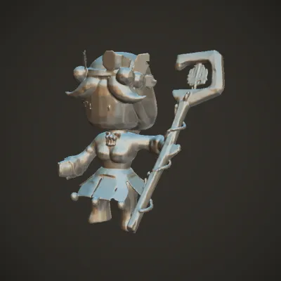 Cartoon girl with blue hair and staff. complex geometry, game-ready, character.