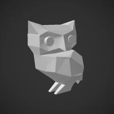 Geometric stylized owl figure. sharp edges, simple geometry, game-ready, character, symmetric geometry.