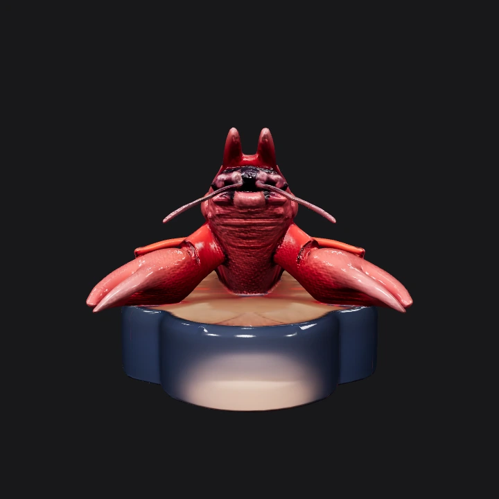 A cooked red lobster on a wooden plate. sharp edges, complex geometry, symmetric geometry.