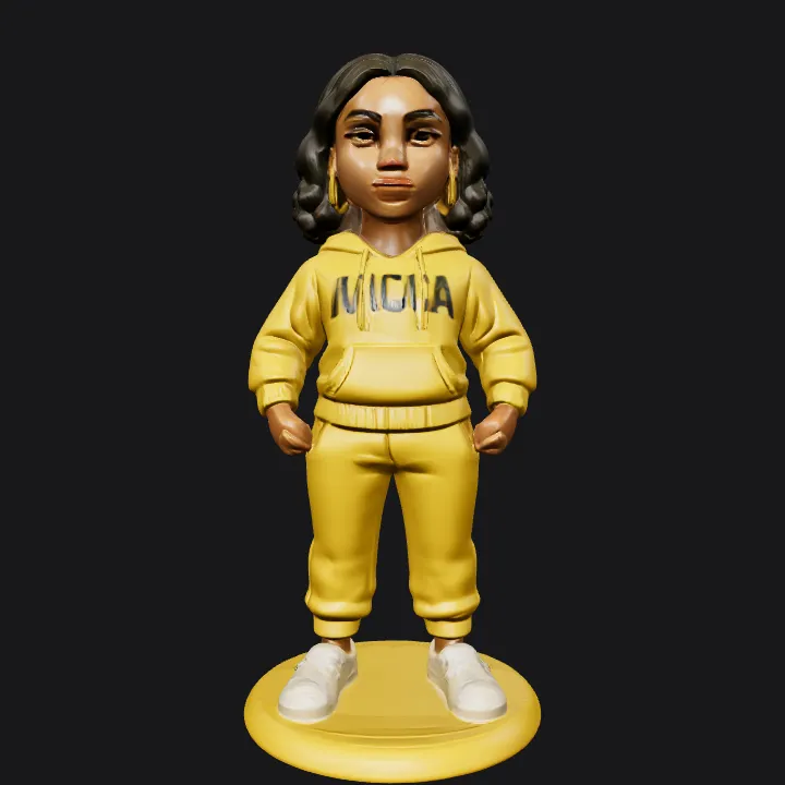 woman in yellow tracksuit holding microphone figurine. smooth edges, complex geometry, character.