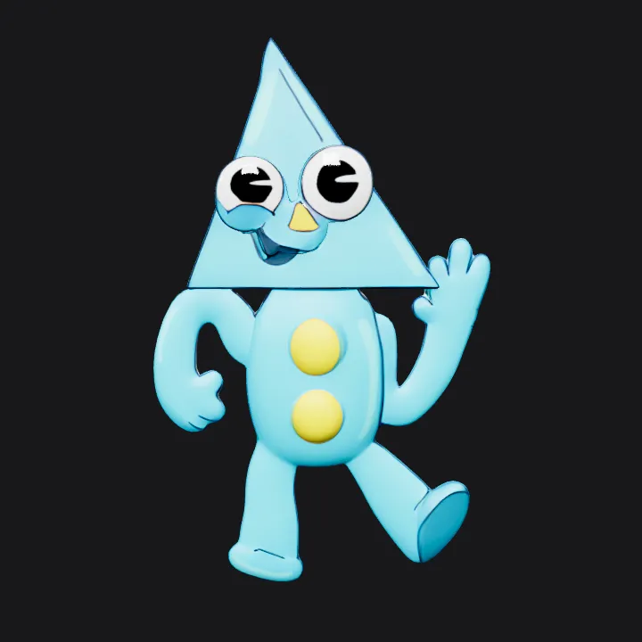 Cartoon triangle character waving. smooth edges, simple geometry, character.