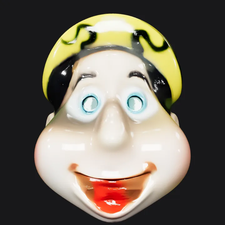 cartoon character statue with yellow and blue outfit. smooth edges, complex geometry, character.