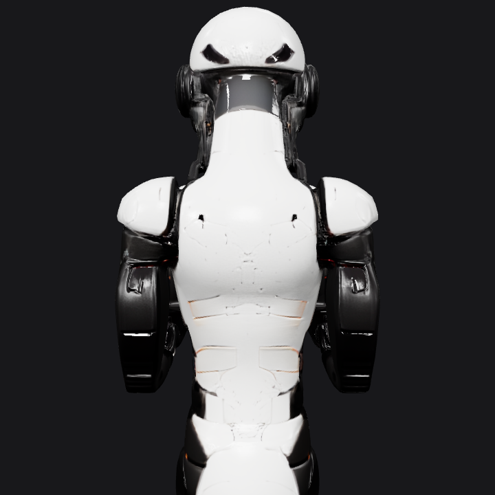 Two futuristic humanoid robots facing each other. sharp edges, smooth edges, complex geometry, game-ready, character, symmetric geometry.