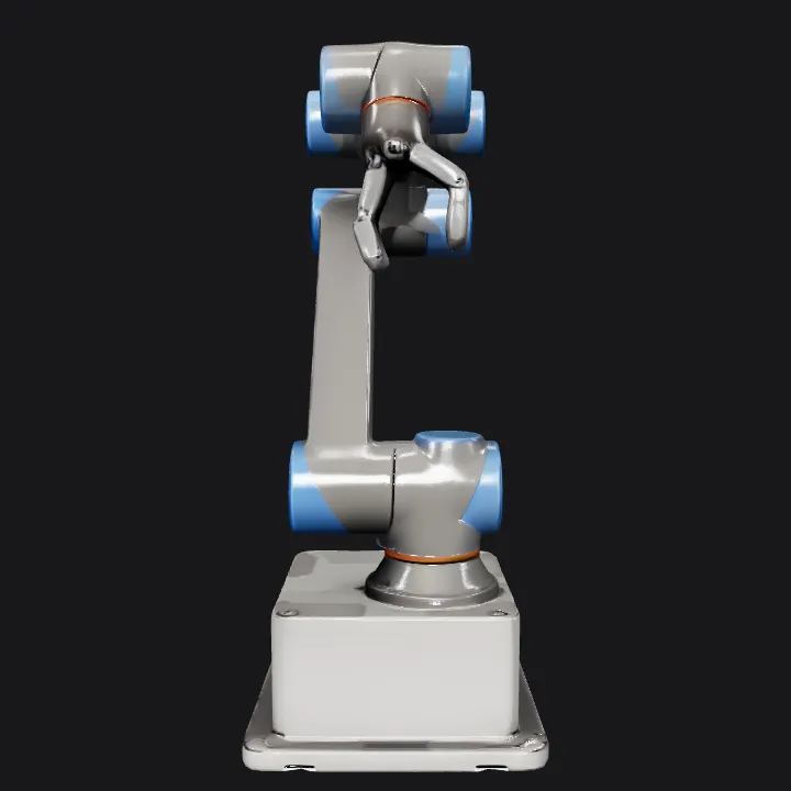 Industrial robotic arm with clamp hand. sharp edges, smooth edges, complex geometry, game-ready.