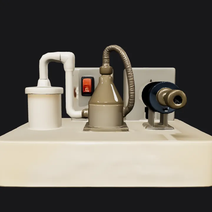 small laboratory equipment setup on white base. sharp edges, complex geometry.