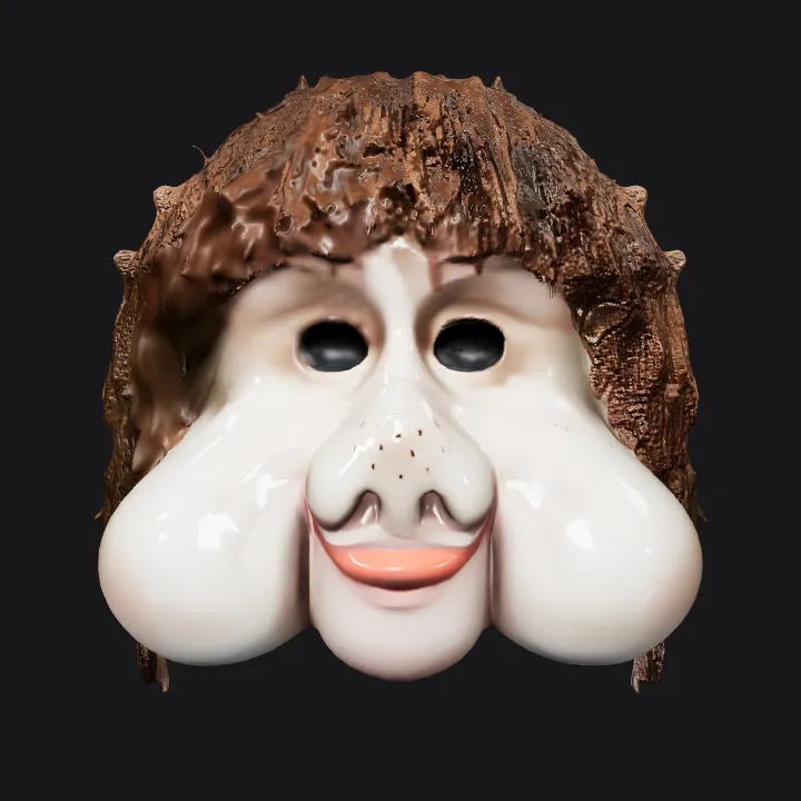 A mask with exaggerated human features. smooth edges, complex geometry, character, symmetric geometry.